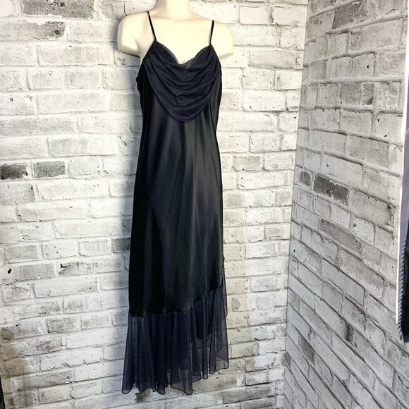 Vintage 90s Black Satin Asymmetric Sheer Ruffle Hem Maxi Slip Dress - Picture 1 of 14